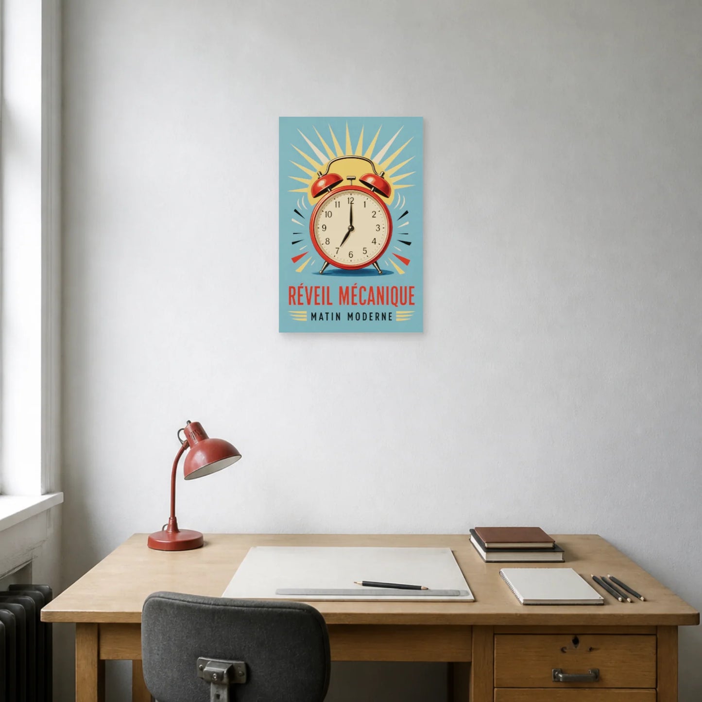Affiche Réveil Mécanique – Matin Moderne dans un bureau - Art Virtuoso