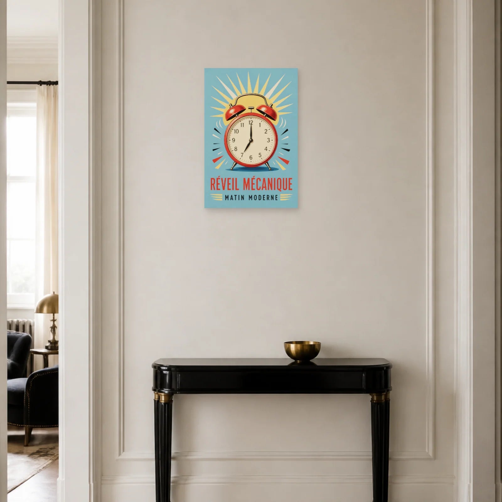 Affiche Réveil Mécanique – Matin Moderne dans une entrée ou un couloir - Art Virtuoso