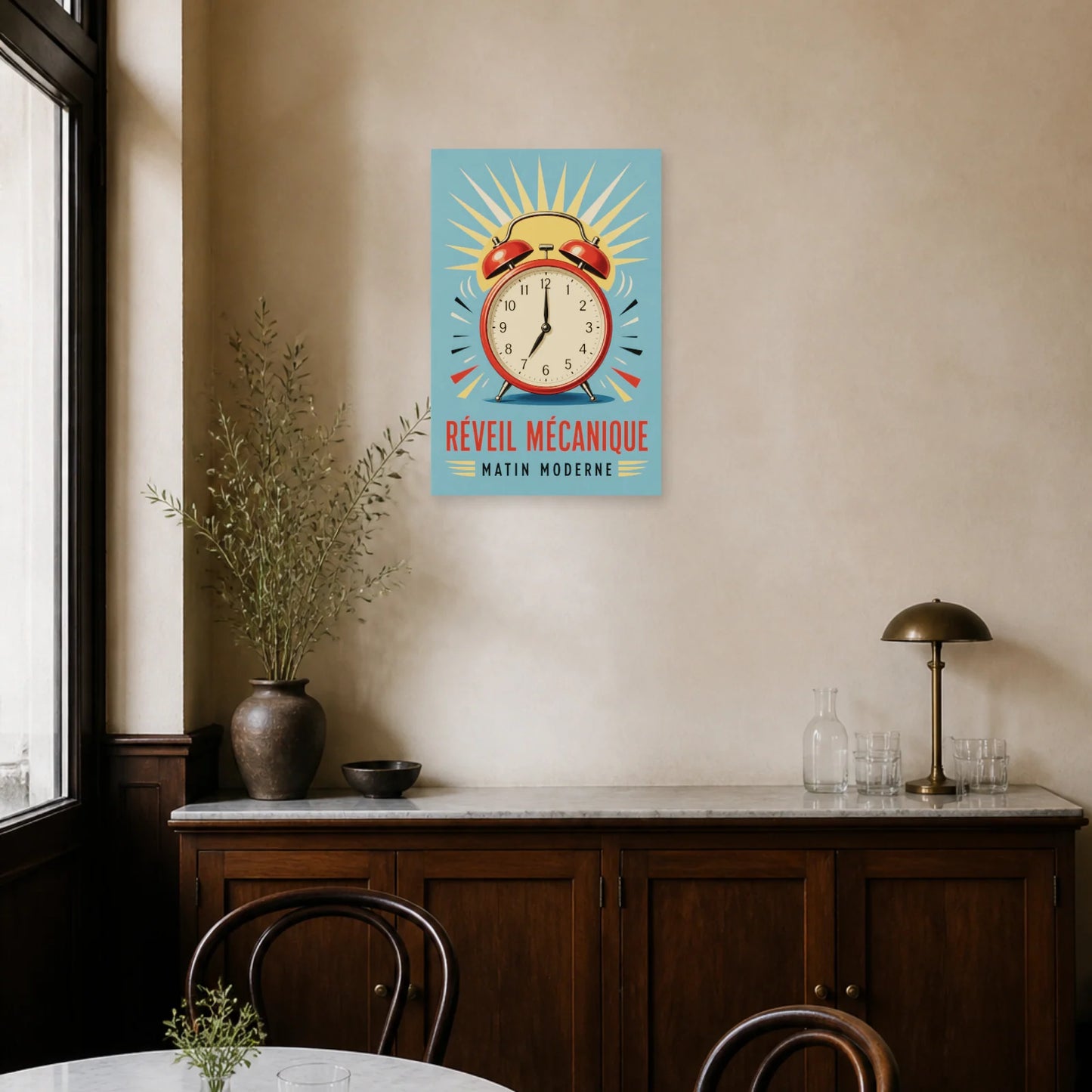 Affiche Réveil Mécanique – Matin Moderne dans une salle à manger - Art Virtuoso