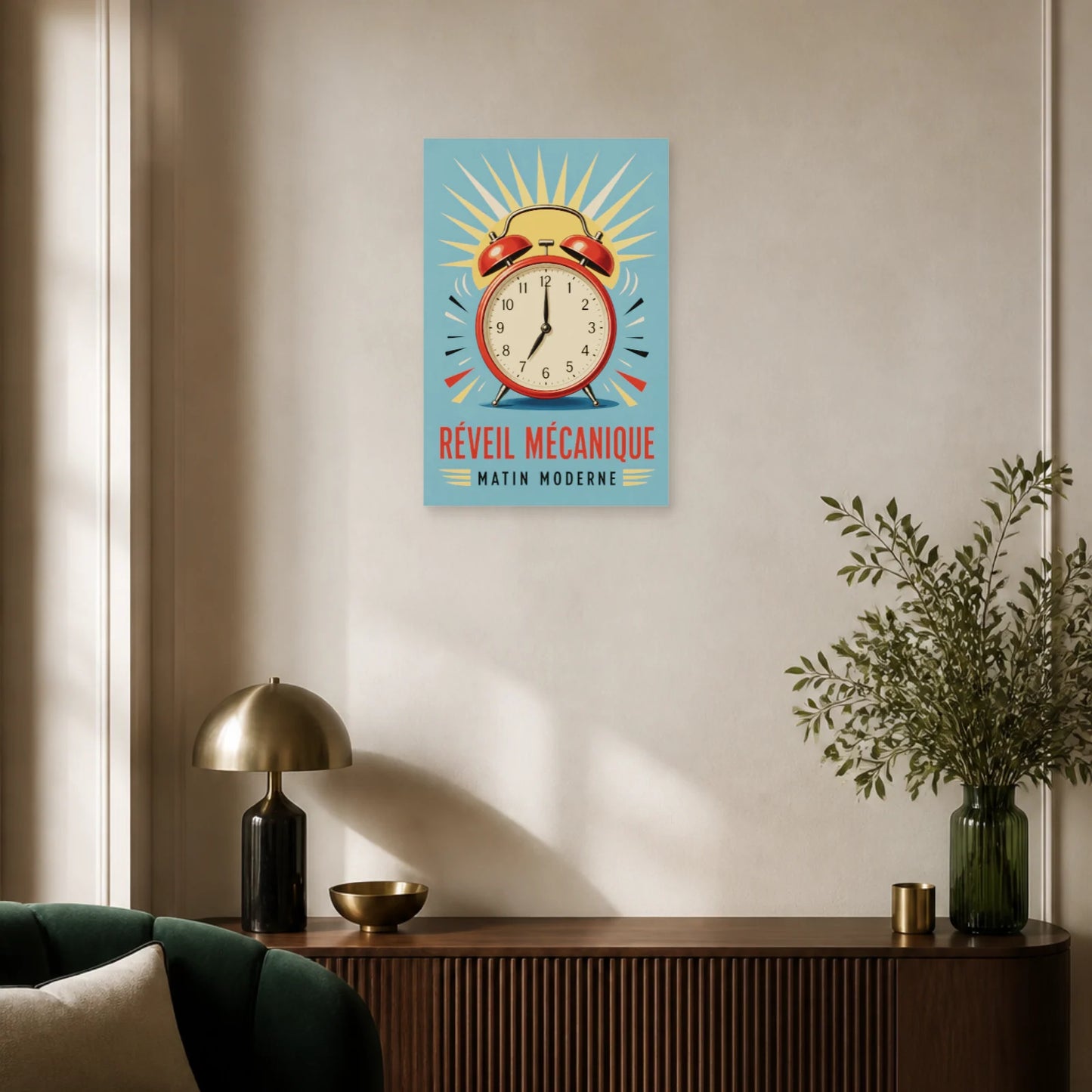 Affiche Réveil Mécanique – Matin Moderne dans un salon - Art Virtuoso