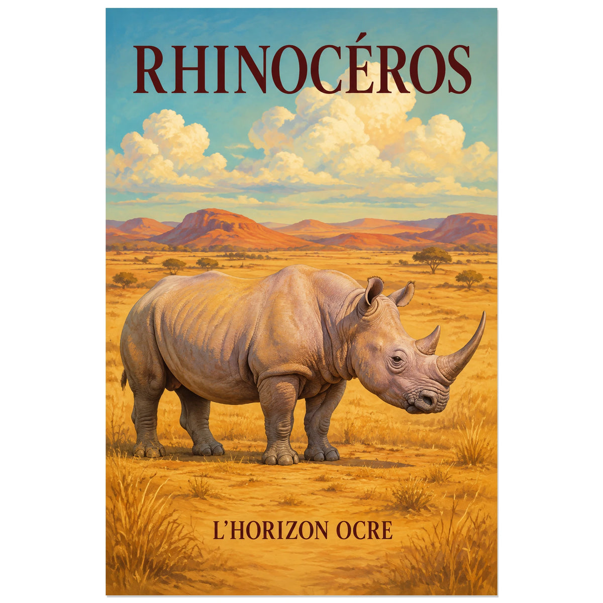 Affiche Rhinocéros, l’horizon ocre, illustration naturaliste peinte à typographie intégrée verticale, format 40 × 60 cm