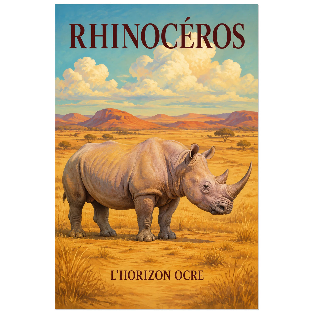 Affiche Rhinocéros, l’horizon ocre, illustration naturaliste peinte à typographie intégrée verticale, format 60 × 90 cm