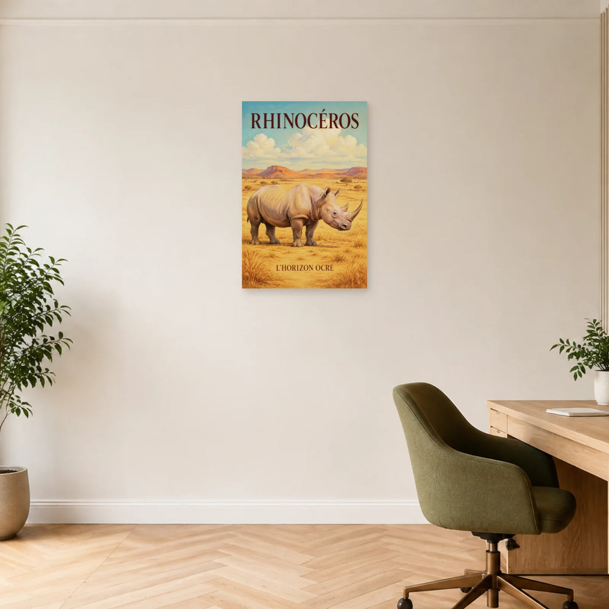 Affiche Rhinocéros, l’horizon ocre dans un bureau - Art Virtuoso