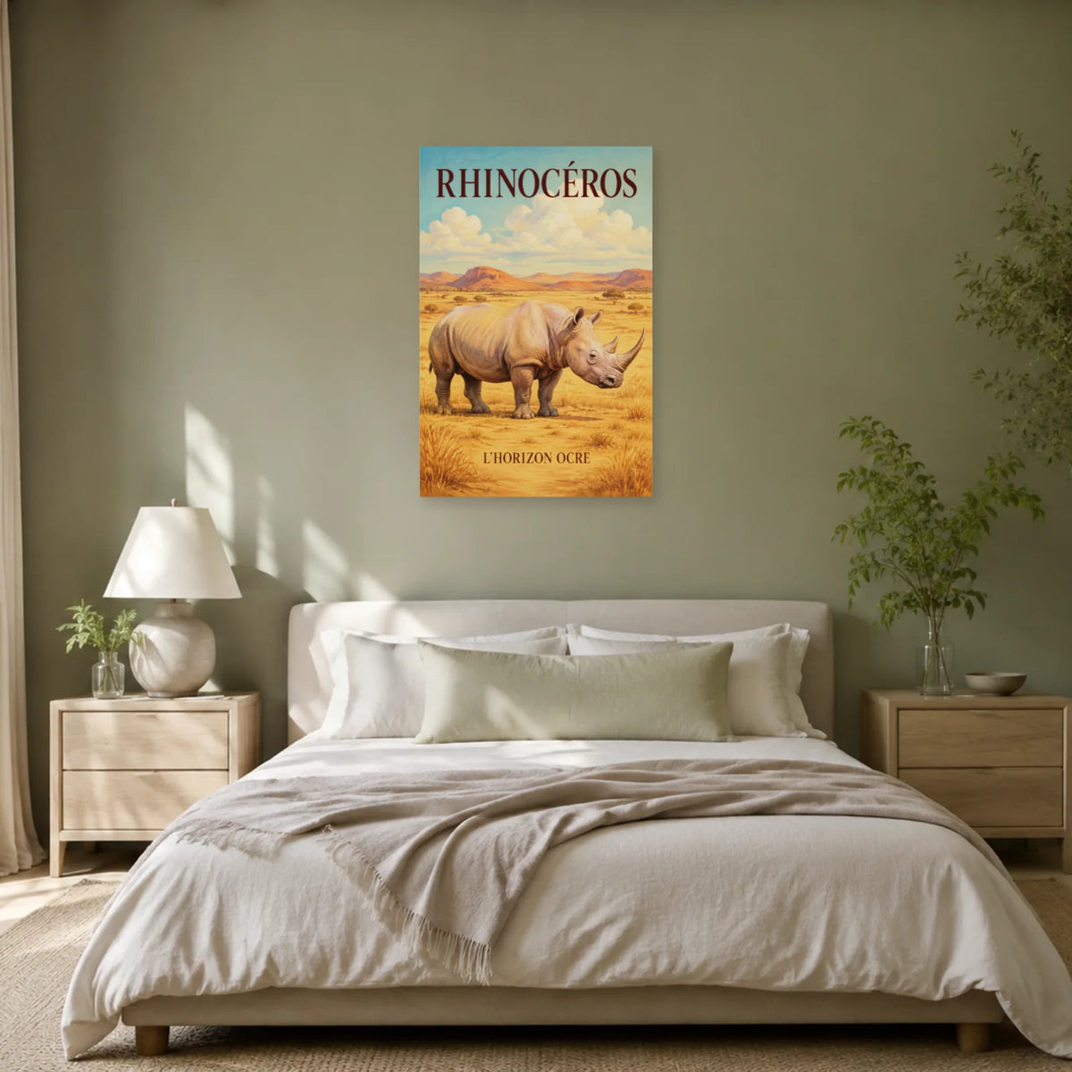 Affiche Rhinocéros, l’horizon ocre dans une chambre - Art Virtuoso