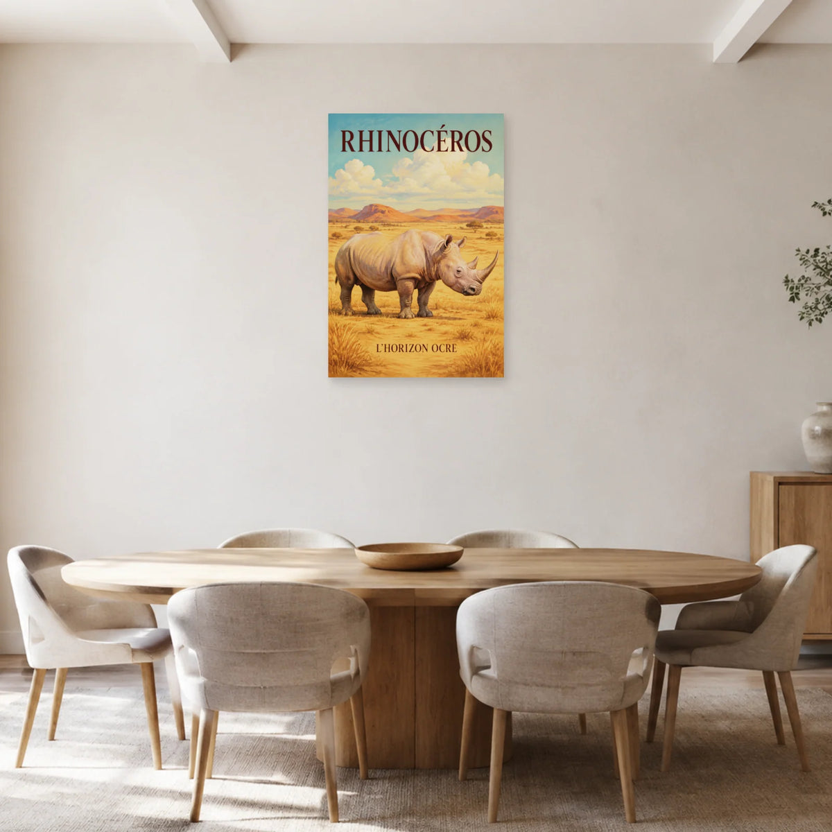 Affiche Rhinocéros, l’horizon ocre dans une salle à manger - Art Virtuoso