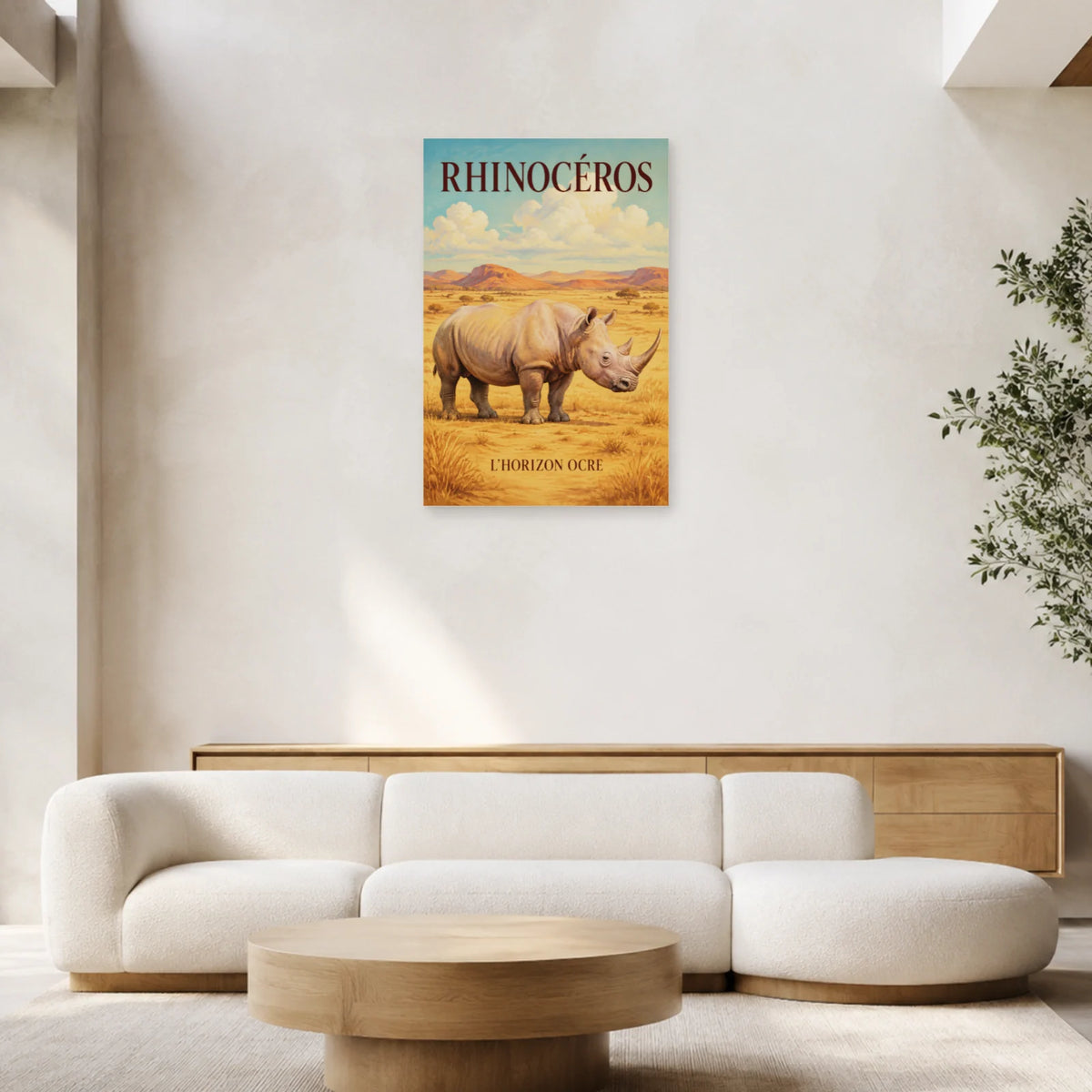Affiche Rhinocéros, l’horizon ocre dans un salon - Art Virtuoso