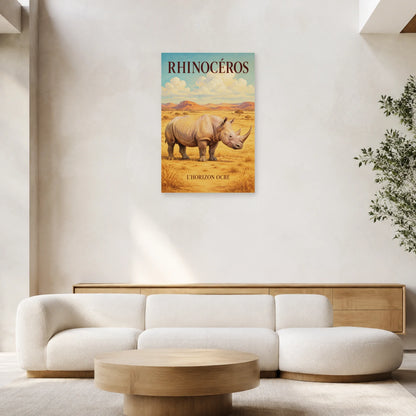 Affiche Rhinocéros, l’horizon ocre dans un salon - Art Virtuoso