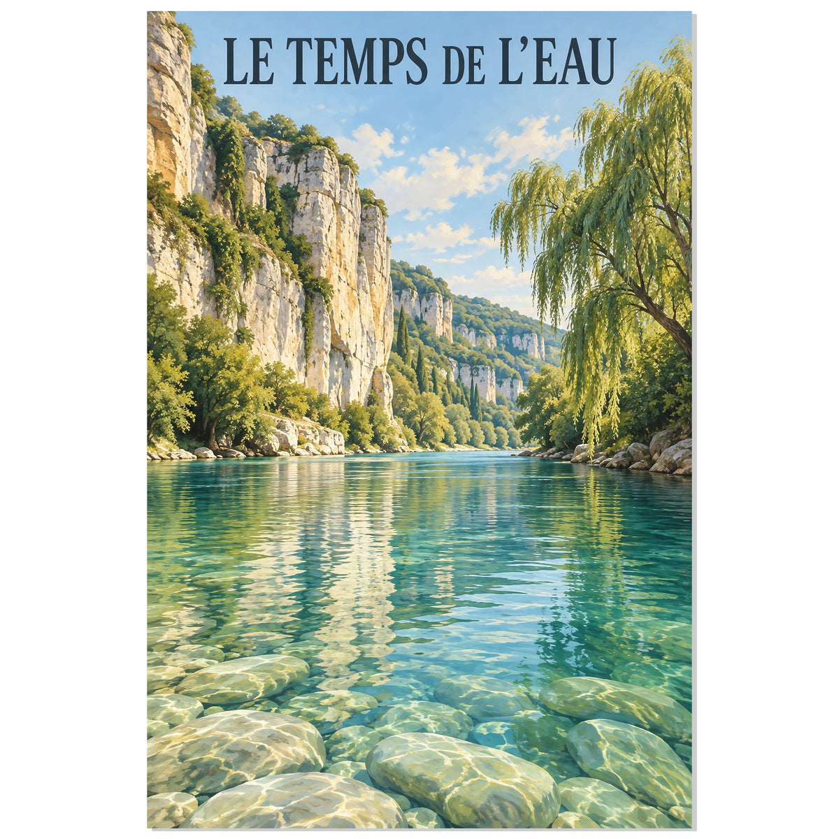 Affiche Rivière aux falaises calcaires – Le temps de l’eau, affiche de paysage illustrée / réalisme pictural / inspiration voyage rétro verticale, format 30 × 45 cm