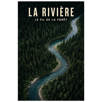 Affiche La rivière – Le fil de la forêt, photographie aérienne de paysage forestier verticale, format 30 × 45 cm