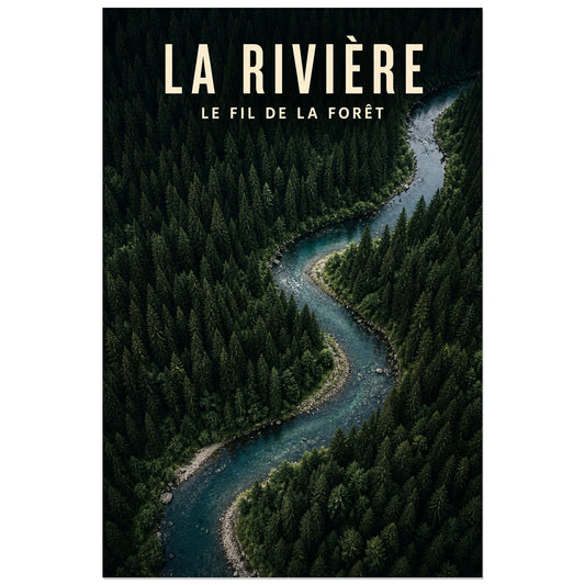Affiche La rivière – Le fil de la forêt, photographie aérienne de paysage forestier verticale, format 30 × 45 cm