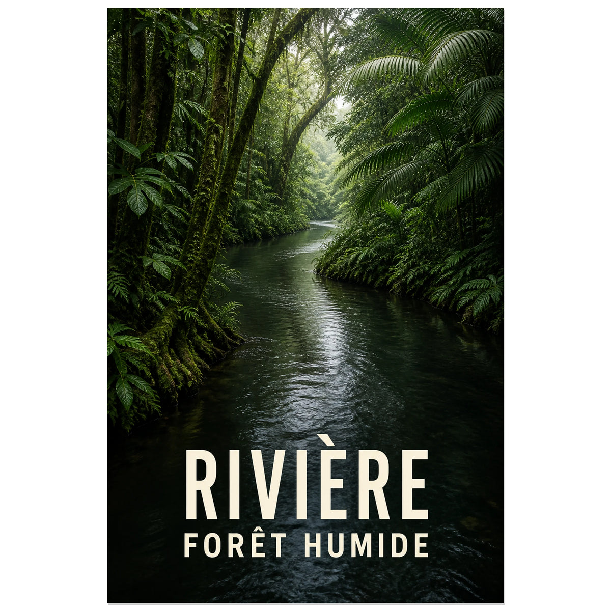 Affiche Rivière – Forêt humide, photographie immersive de rivière tropicale après la pluie verticale, format 30 × 45 cm