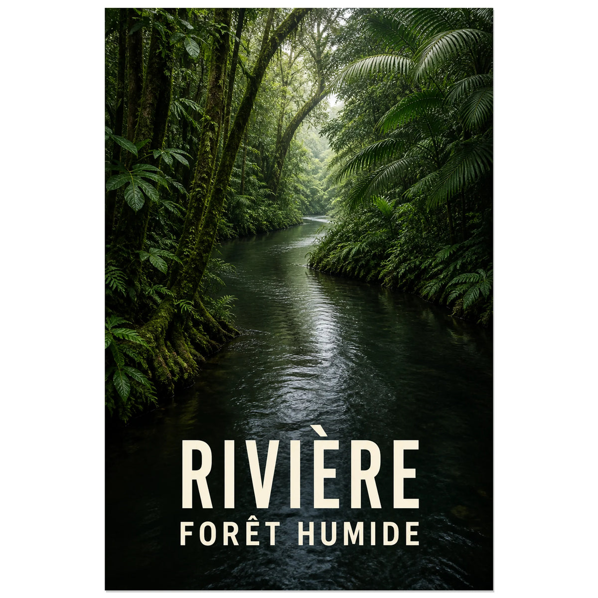 Affiche Rivière – Forêt humide, photographie immersive de rivière tropicale après la pluie verticale, format 60 × 90 cm