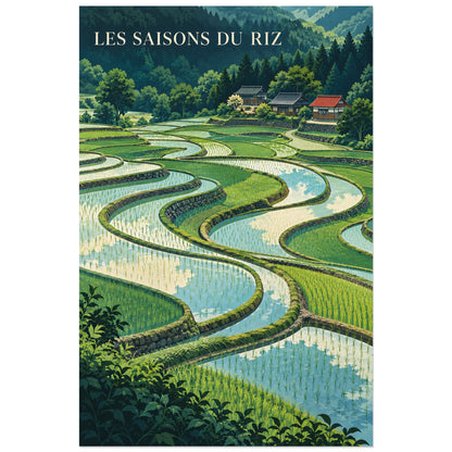 Affiche Rizières japonaises - Les saisons du riz, illustration peinte / paysage d'inspiration estampe verticale, format 60 × 90 cm