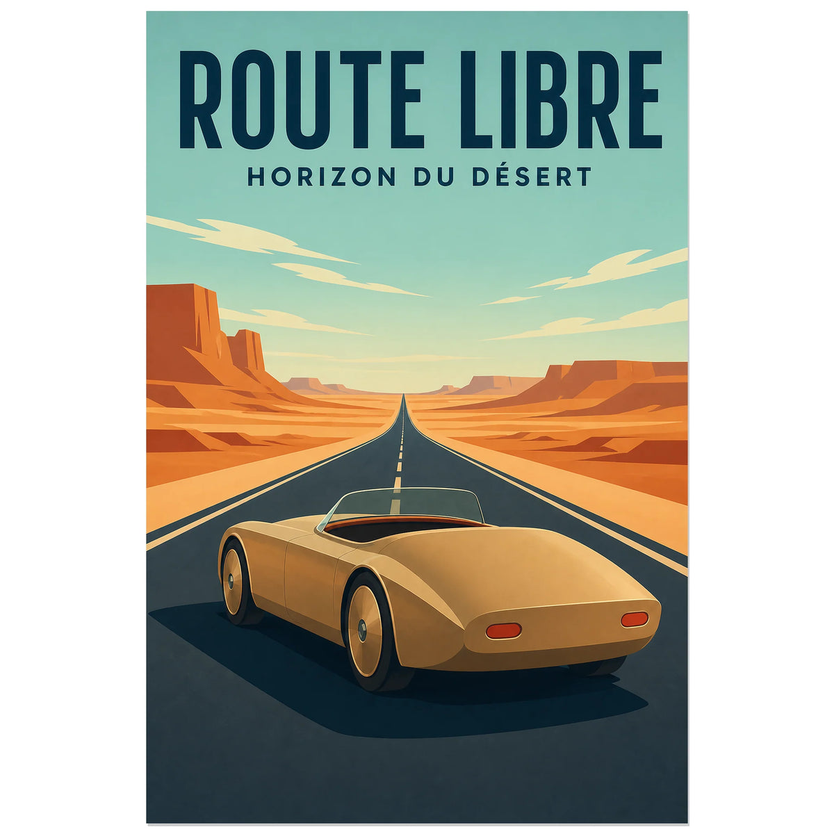 Affiche Route libre – Horizon du désert, illustration rétro de voyage automobile en aplats géométriques verticale, format 60 × 90 cm