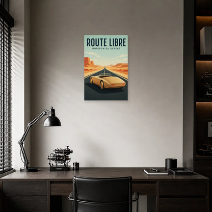 Affiche Roadster – Route libre dans le désert dans un bureau - Art Virtuoso