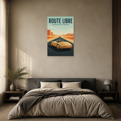 Affiche Roadster – Route libre dans le désert dans une chambre - Art Virtuoso