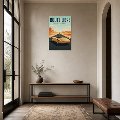 Affiche Roadster – Route libre dans le désert dans une entrée ou un couloir - Art Virtuoso