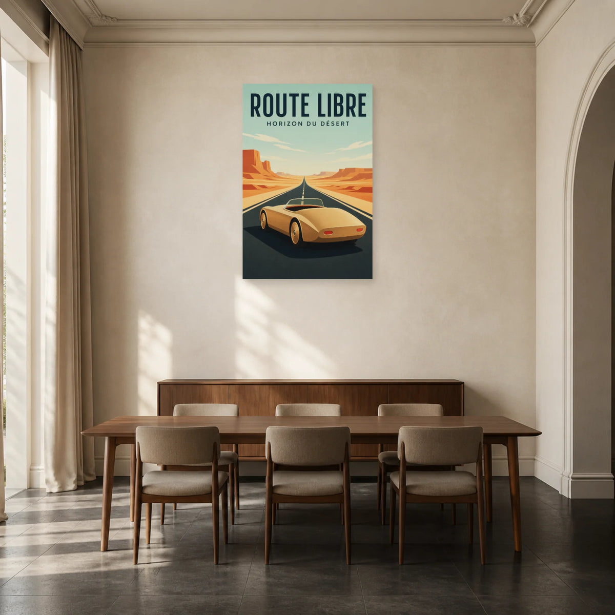 Affiche Roadster – Route libre dans le désert dans une salle à manger - Art Virtuoso