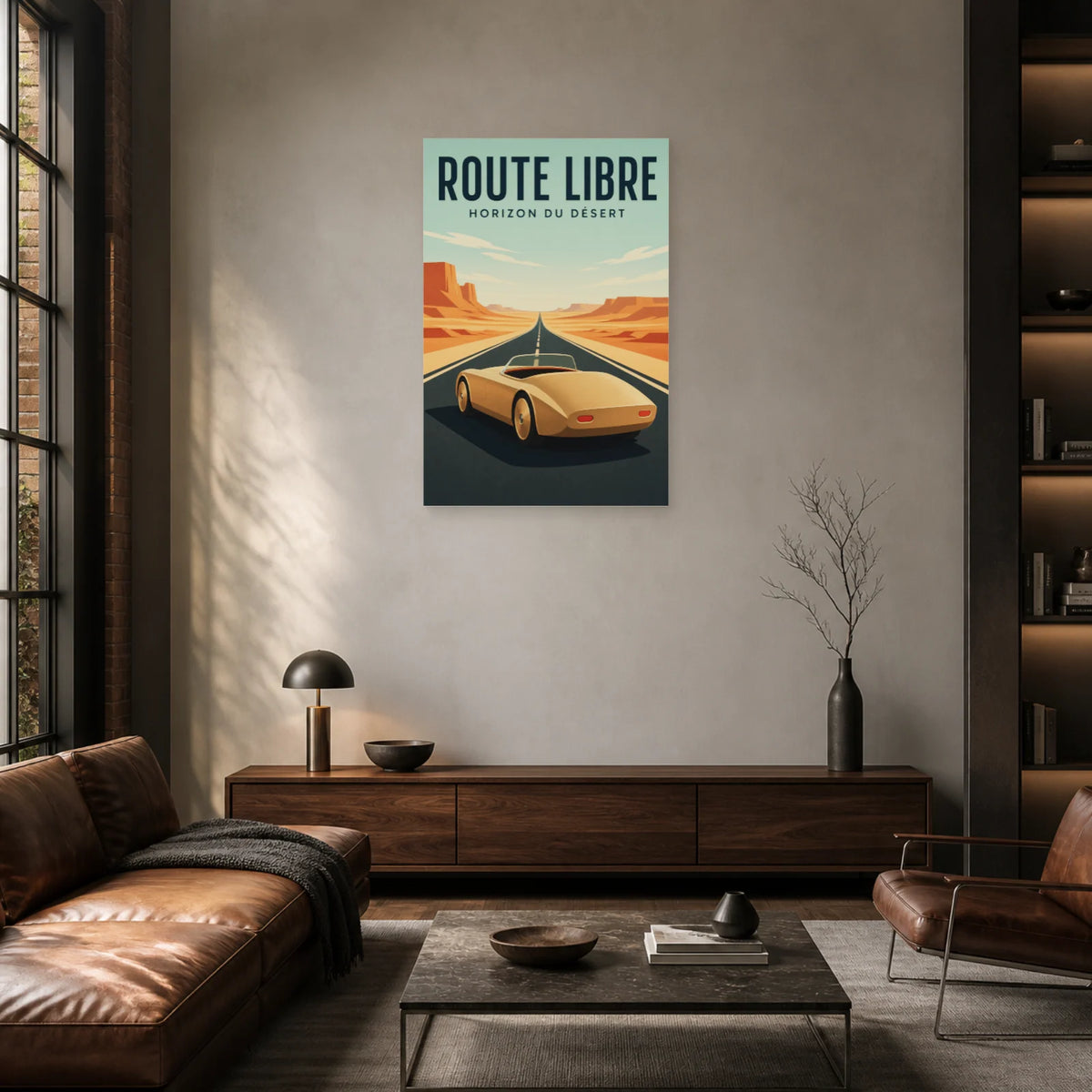 Affiche Roadster – Route libre dans le désert dans un salon - Art Virtuoso