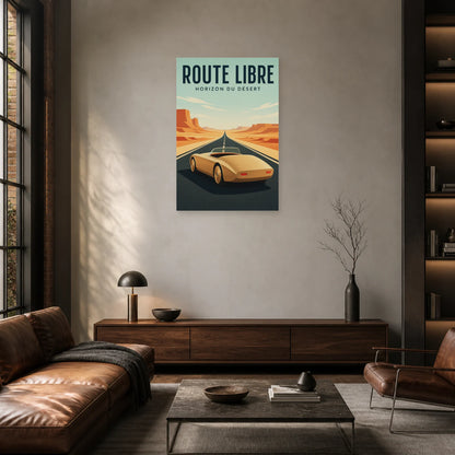 Affiche Roadster – Route libre dans le désert dans un salon - Art Virtuoso