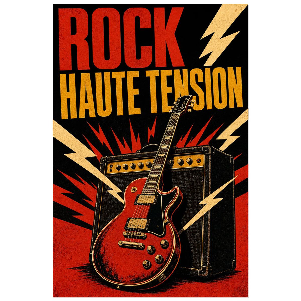 Affiche Rock - Haute tension, serigraphie rock vintage a fort contraste verticale, format 60 × 90 cm