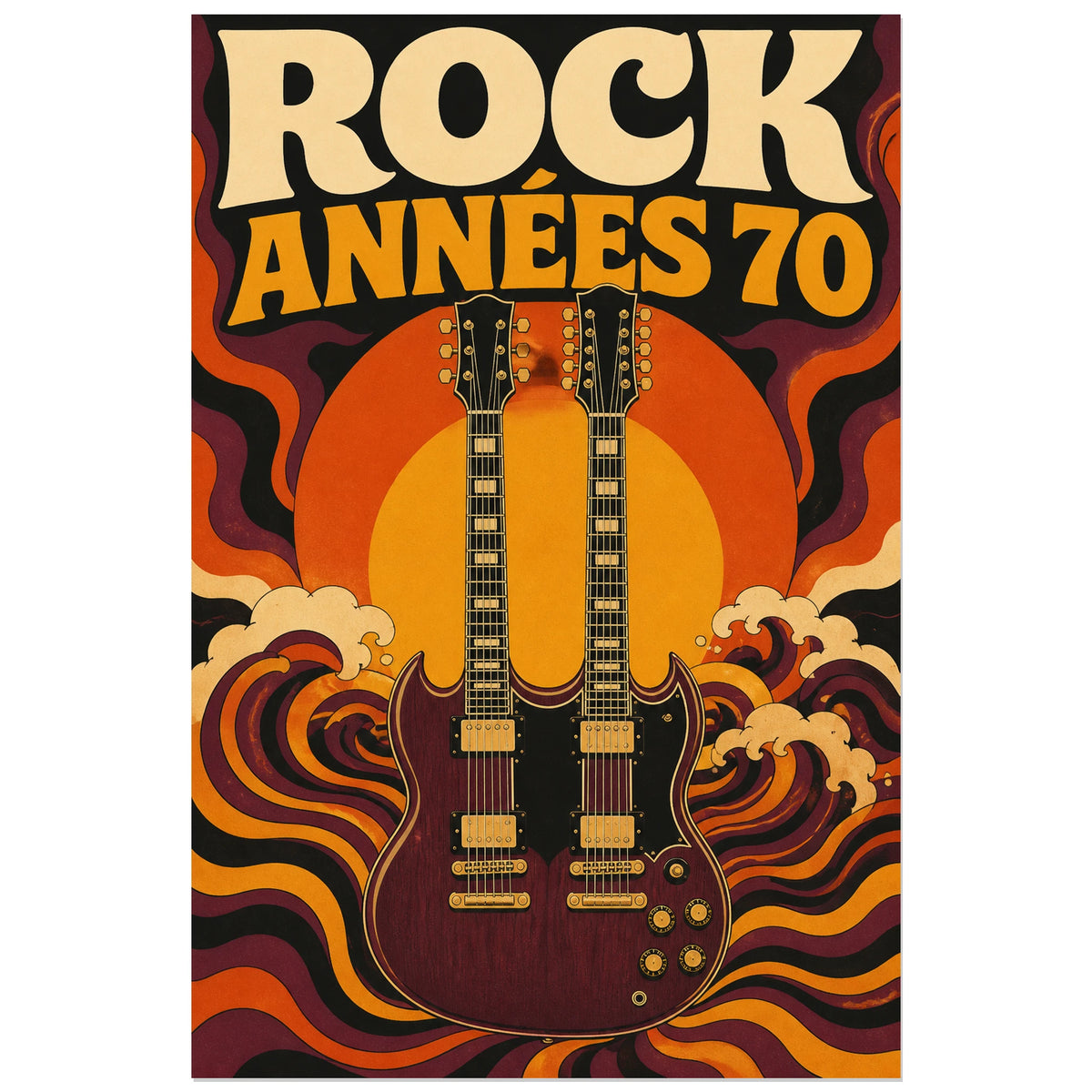 Affiche Rock vintage - Annees 70, illustration psychedelique controlee des annees 1970 verticale, format 30 × 45 cm