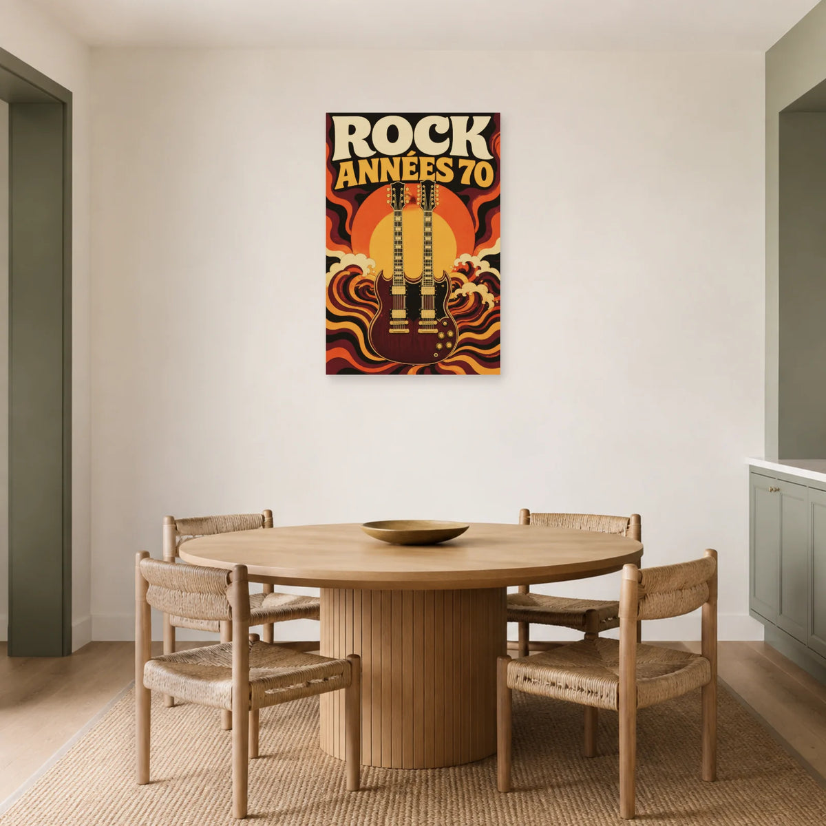 Affiche Rock vintage - Annees 70 dans une salle à manger - Art Virtuoso