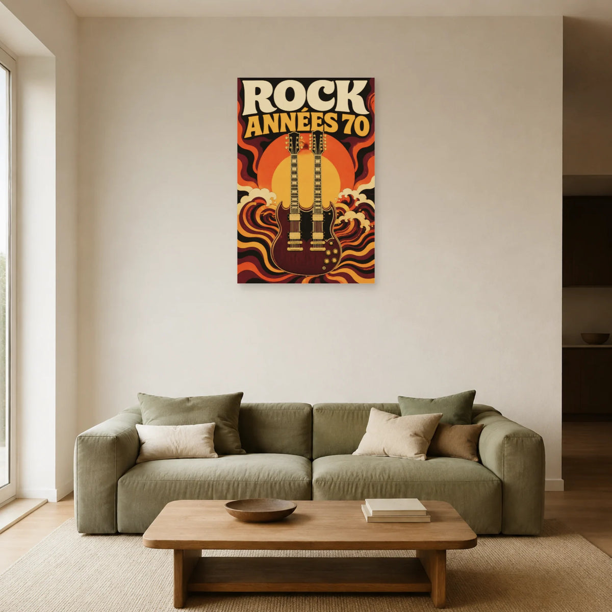 Affiche Rock vintage - Annees 70 dans un salon - Art Virtuoso