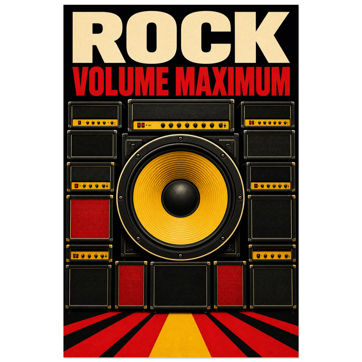 Affiche Rock - Volume maximum, affiche rock architecturale en serigraphie verticale, format 60 × 90 cm