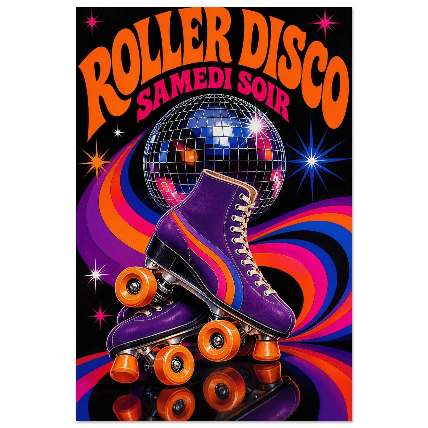 Affiche Roller Disco – Samedi Soir, sérigraphie illustrée verticale, format 30 × 45 cm