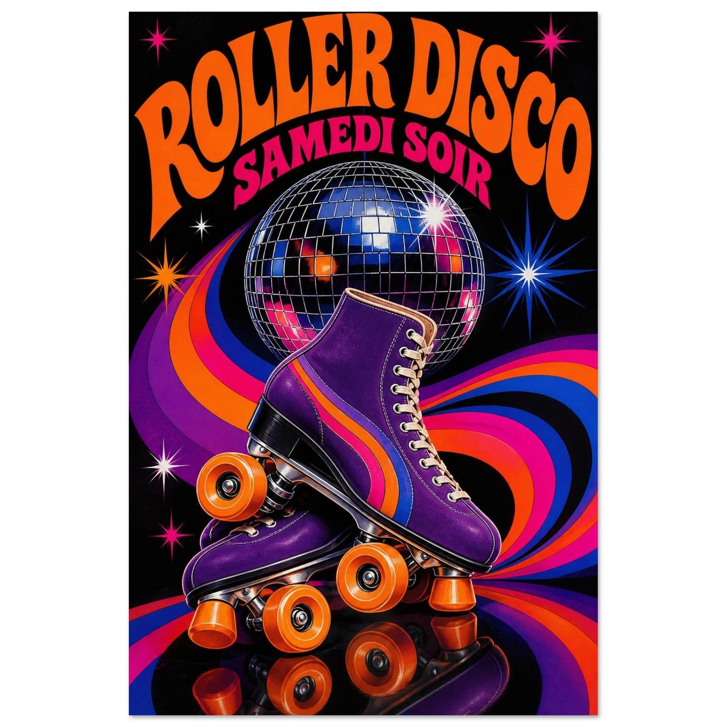 Affiche Roller Disco – Samedi Soir, sérigraphie illustrée verticale, format 40 × 60 cm