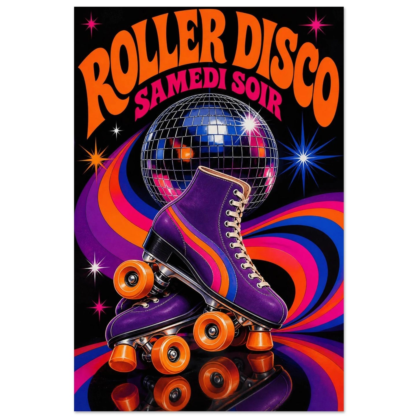 Affiche Roller Disco – Samedi Soir, sérigraphie illustrée verticale, format 60 × 90 cm