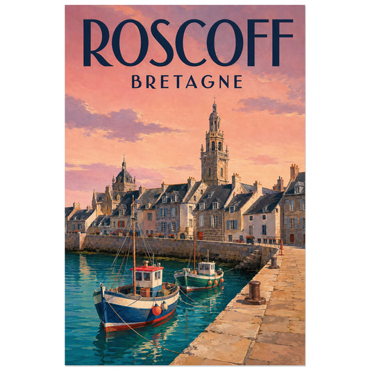Deux bateaux dans l'eau turquoise du vieux port de Roscoff, affiche 30 × 45 cm