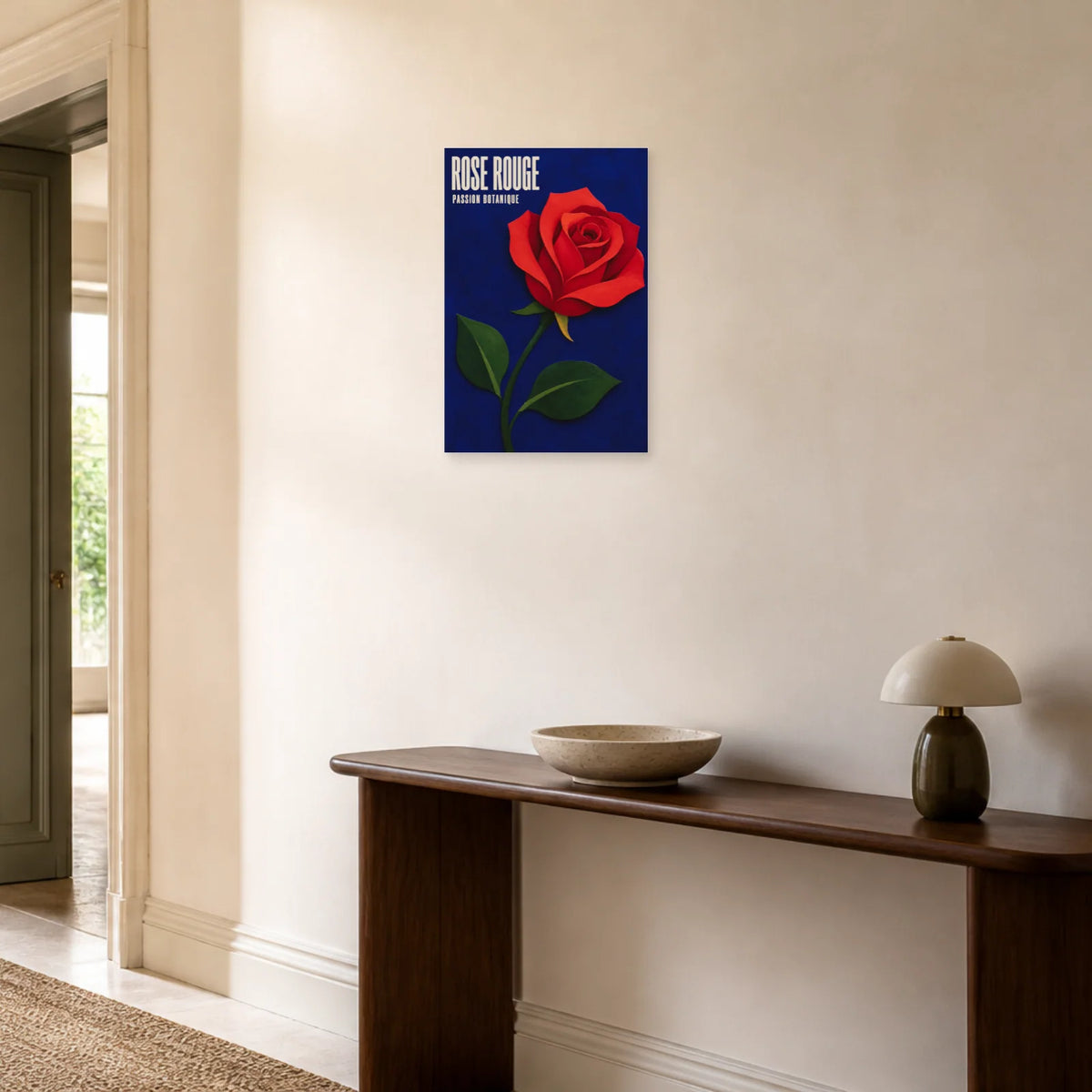 Affiche Rose Rouge – Passion Botanique dans une entrée ou un couloir - Art Virtuoso