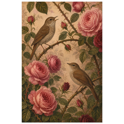 Affiche Rossignols parmi les roses, illustration botanique romantique inspirée des arts and crafts verticale, format 60 × 90 cm