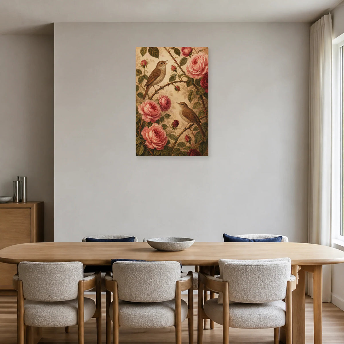 Affiche Rossignols parmi les roses dans une salle à manger - Art Virtuoso