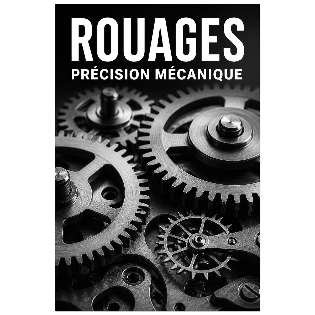 Affiche Rouages – Précision Mécanique, photographie macro industrielle verticale, format 30 × 45 cm