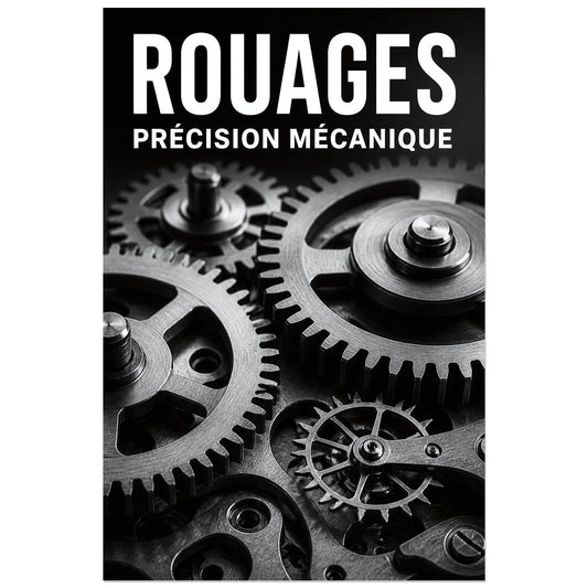 Affiche Rouages – Précision Mécanique, photographie macro industrielle verticale, format 30 × 45 cm