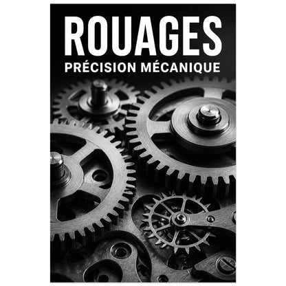 Affiche Rouages – Précision Mécanique, photographie macro industrielle verticale, format 40 × 60 cm