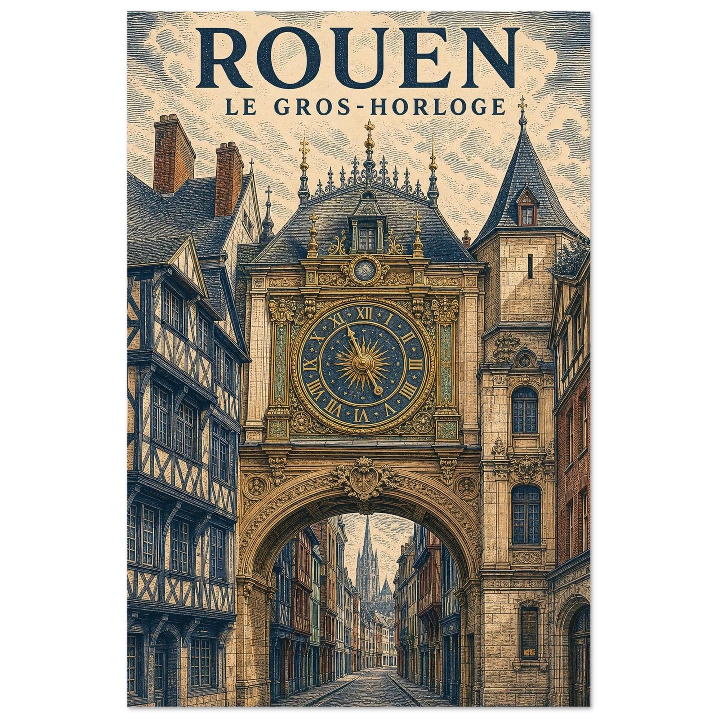 Affiche Rouen – Le Gros-Horloge, illustration verticale gravure contemporaine, format 30 × 45 cm