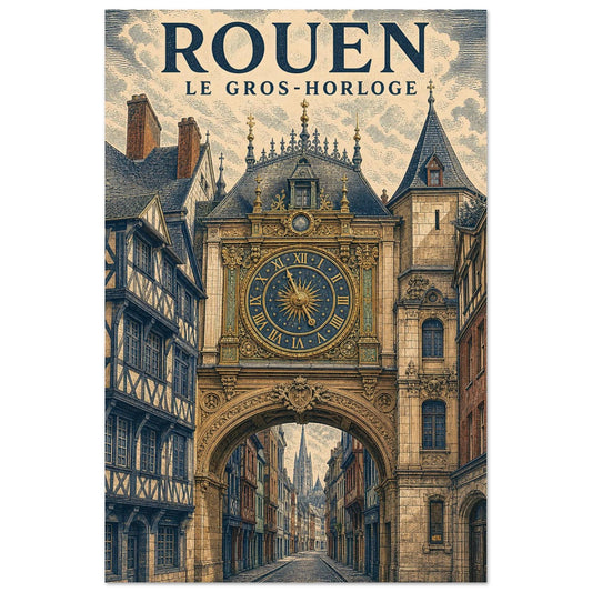 Affiche Rouen – Le Gros-Horloge, illustration verticale gravure contemporaine, format 30 × 45 cm