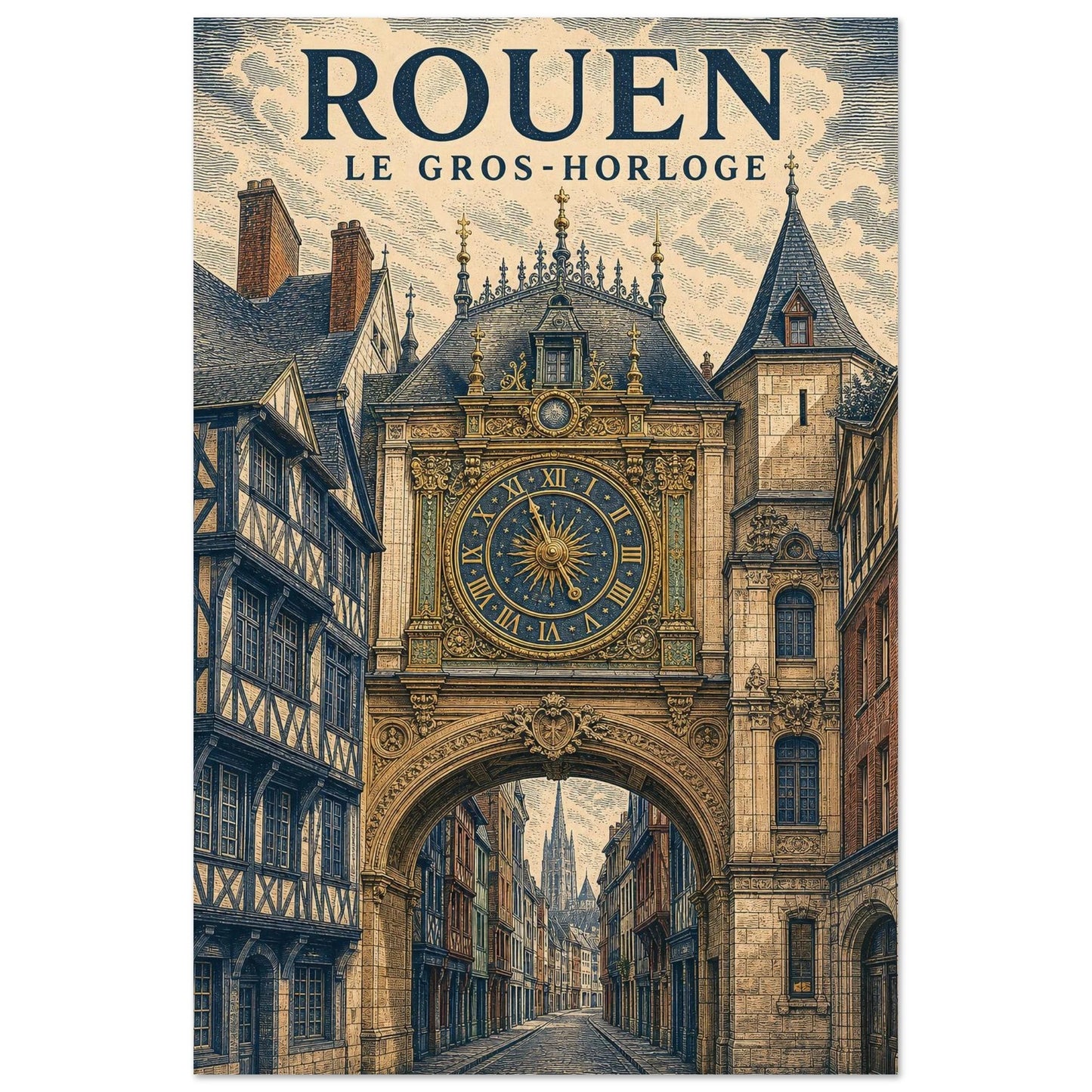 Affiche Rouen – Le Gros-Horloge, illustration verticale gravure contemporaine, format 60 × 90 cm