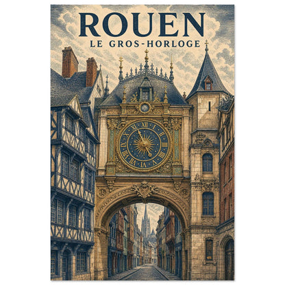 Affiche Rouen – Le Gros-Horloge, illustration verticale gravure contemporaine, format 60 × 90 cm