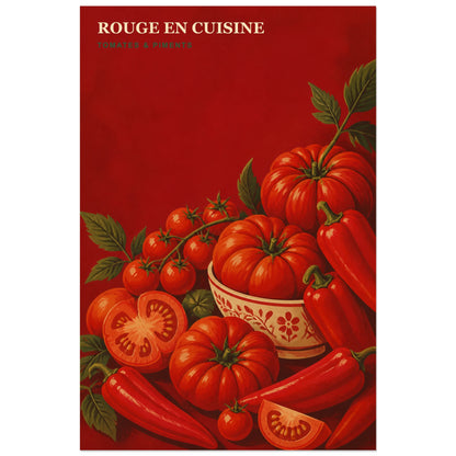 Affiche Rouge en Cuisine – Tomates & Piments, affiche de marché monochrome à la gouache vintage verticale, format 30 × 45 cm