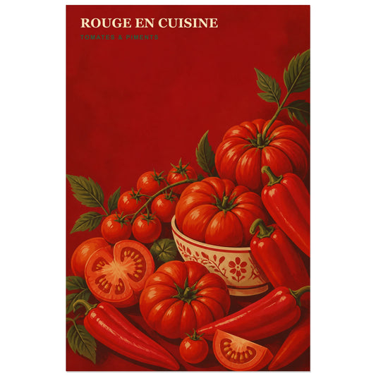 Affiche Rouge en Cuisine – Tomates & Piments, affiche de marché monochrome à la gouache vintage verticale, format 30 × 45 cm