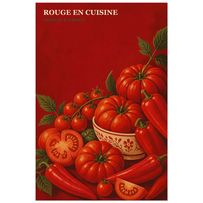 Affiche Rouge en Cuisine – Tomates & Piments, affiche de marché monochrome à la gouache vintage verticale, format 40 × 60 cm