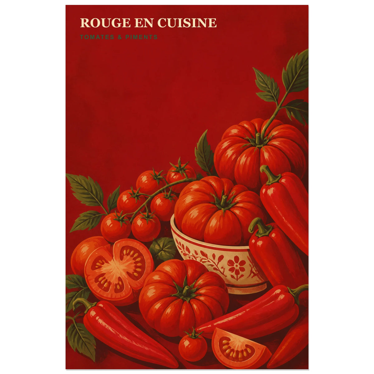 Affiche Rouge en Cuisine – Tomates & Piments, affiche de marché monochrome à la gouache vintage verticale, format 60 × 90 cm