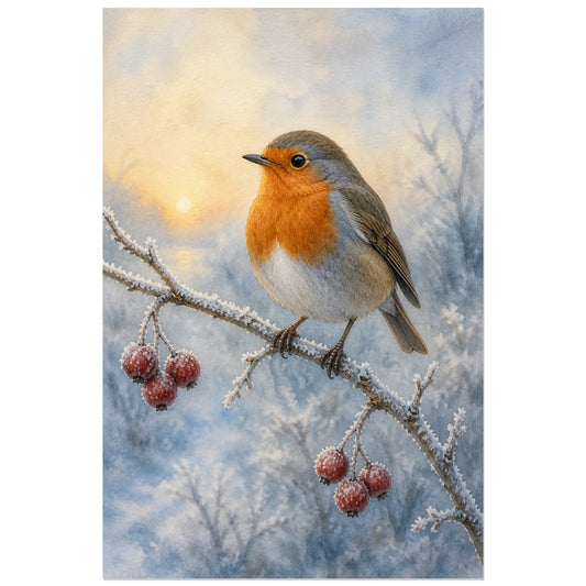 Affiche Rouge-gorge à l’aquarelle - Matin d’hiver, aquarelle naturaliste hivernale douce et lumineuse verticale, format 30 × 45 cm
