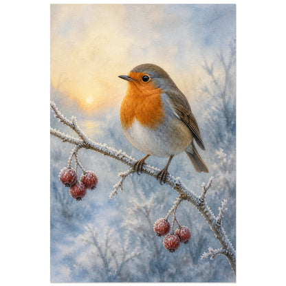 Affiche Rouge-gorge à l’aquarelle - Matin d’hiver, aquarelle naturaliste hivernale douce et lumineuse verticale, format 40 × 60 cm