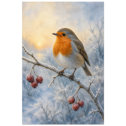 Affiche Rouge-gorge à l’aquarelle - Matin d’hiver, aquarelle naturaliste hivernale douce et lumineuse verticale, format 60 × 90 cm